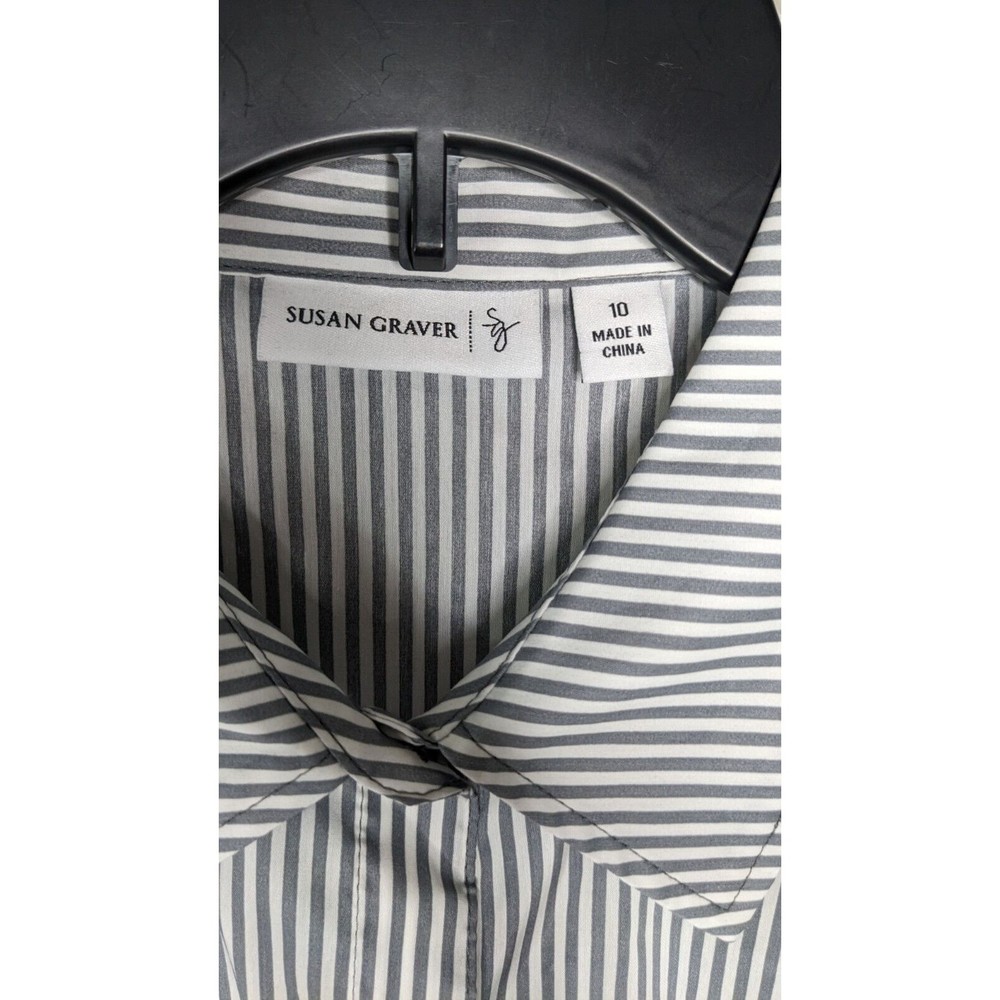 Susan Graver Womens 10 Grey White Striped Stretch Button Front Shirt A267980 - Picture 3 of 5